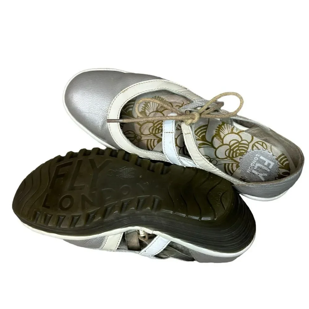 Fly London Yett Platform Heels Womens 8 Silver White Leather Chunky Wedge Shoes